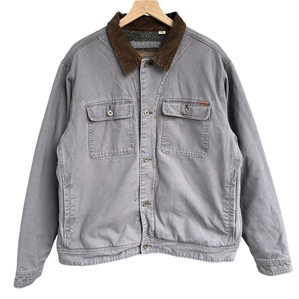 Woolrich Mens XL Grey Canvas Sherpa Lined Work Jacket Corduroy Brown Collar